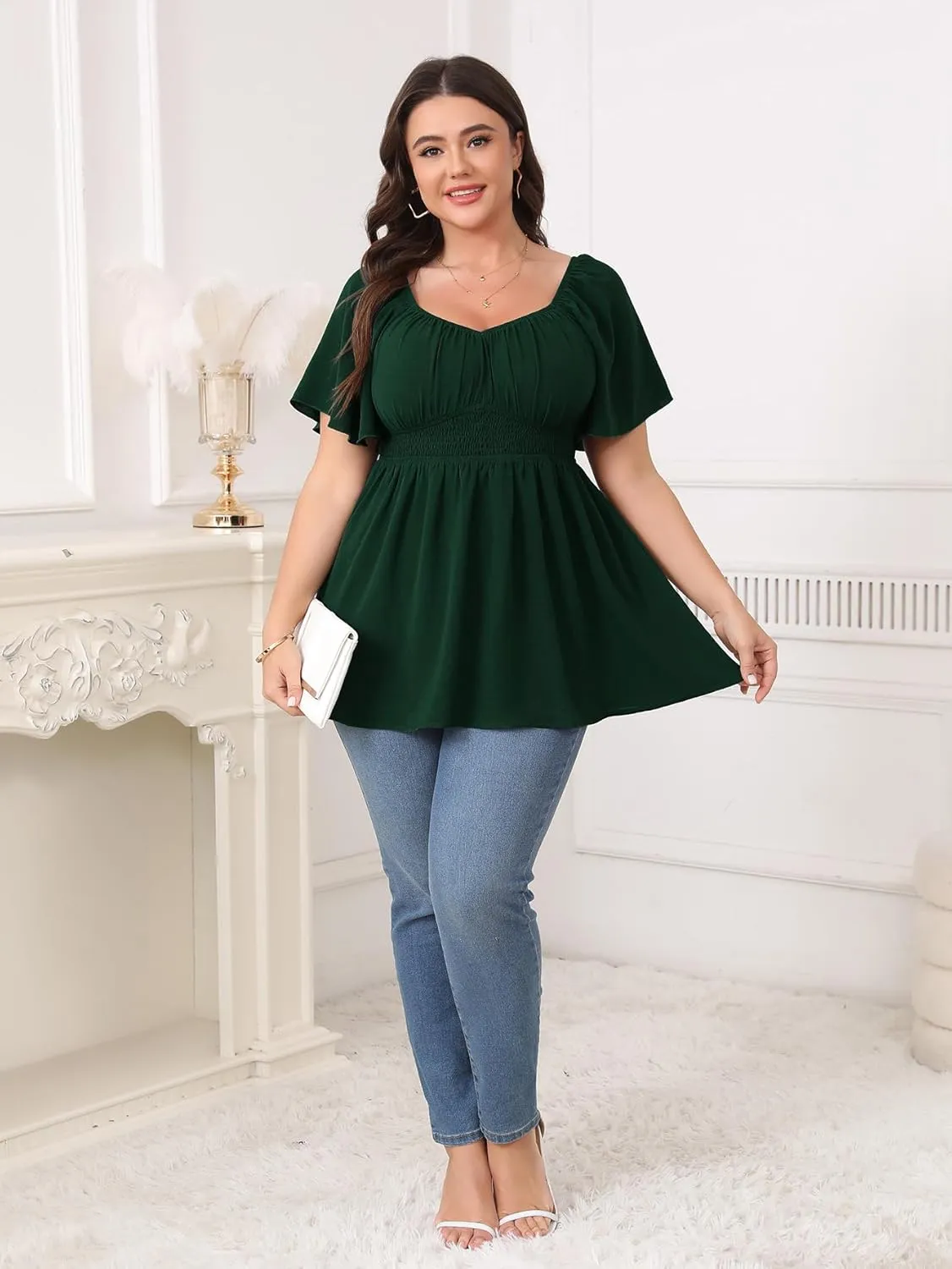 Womens Plus Size Blouse Summer Tops Sweetheart Neck Short Sleeve Ruffle Peplum Smocked Dressy Casual Top