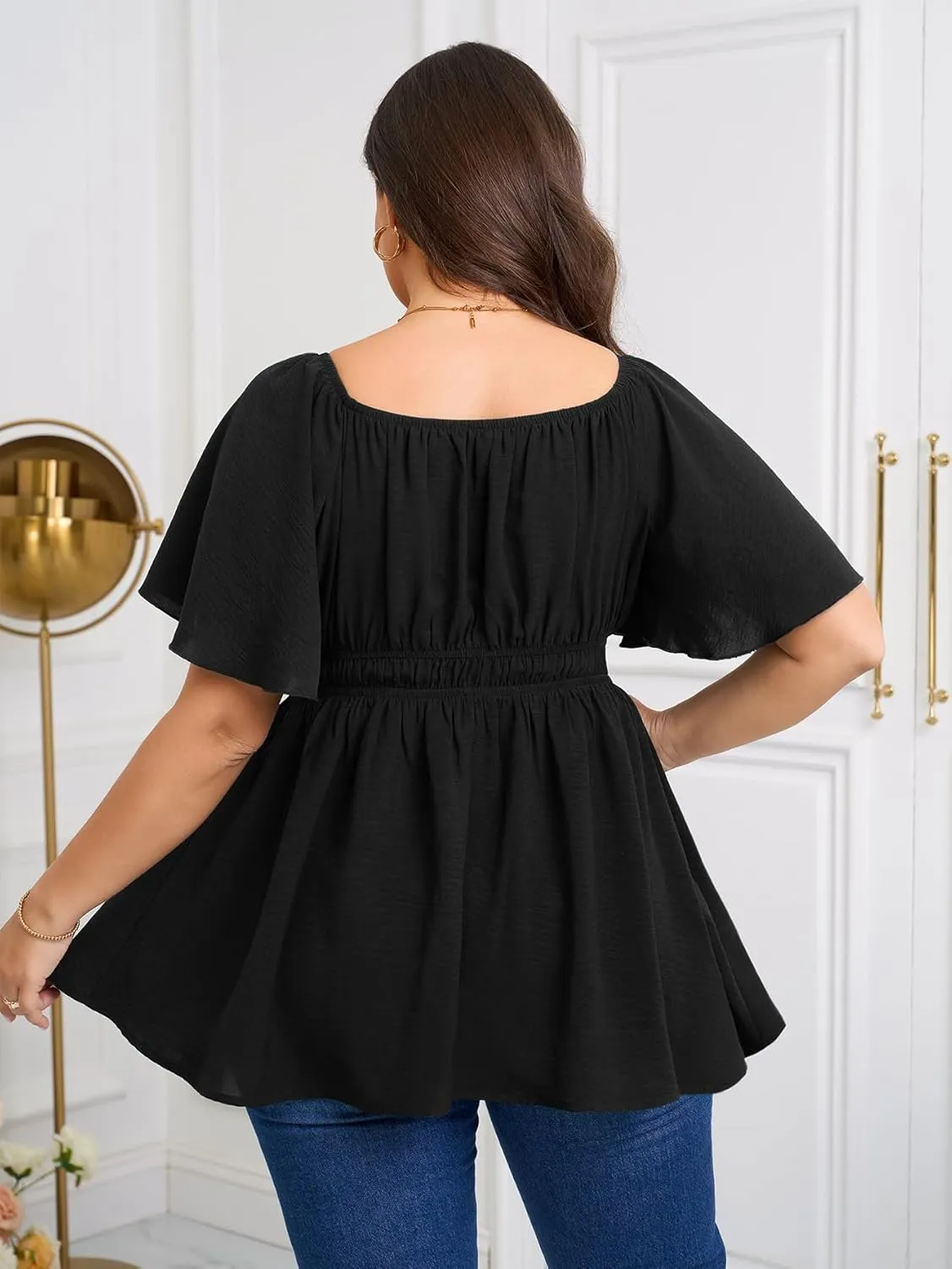 Womens Plus Size Blouse Summer Tops Sweetheart Neck Short Sleeve Ruffle Peplum Smocked Dressy Casual Top