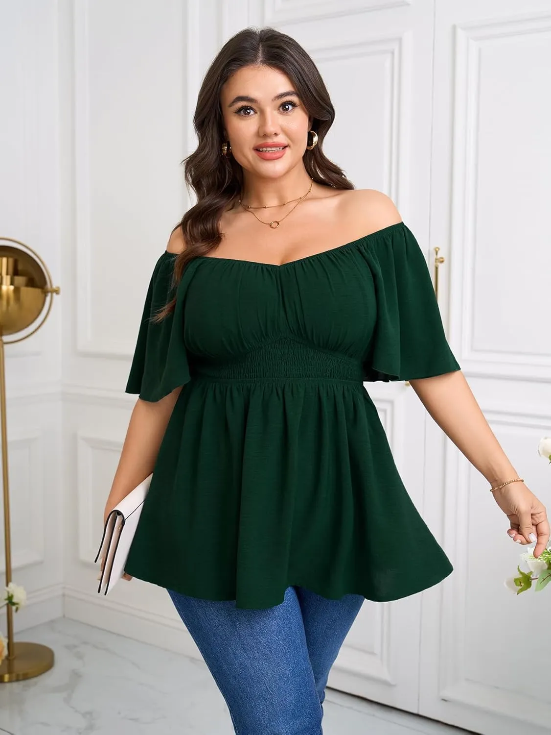 Womens Plus Size Blouse Summer Tops Sweetheart Neck Short Sleeve Ruffle Peplum Smocked Dressy Casual Top
