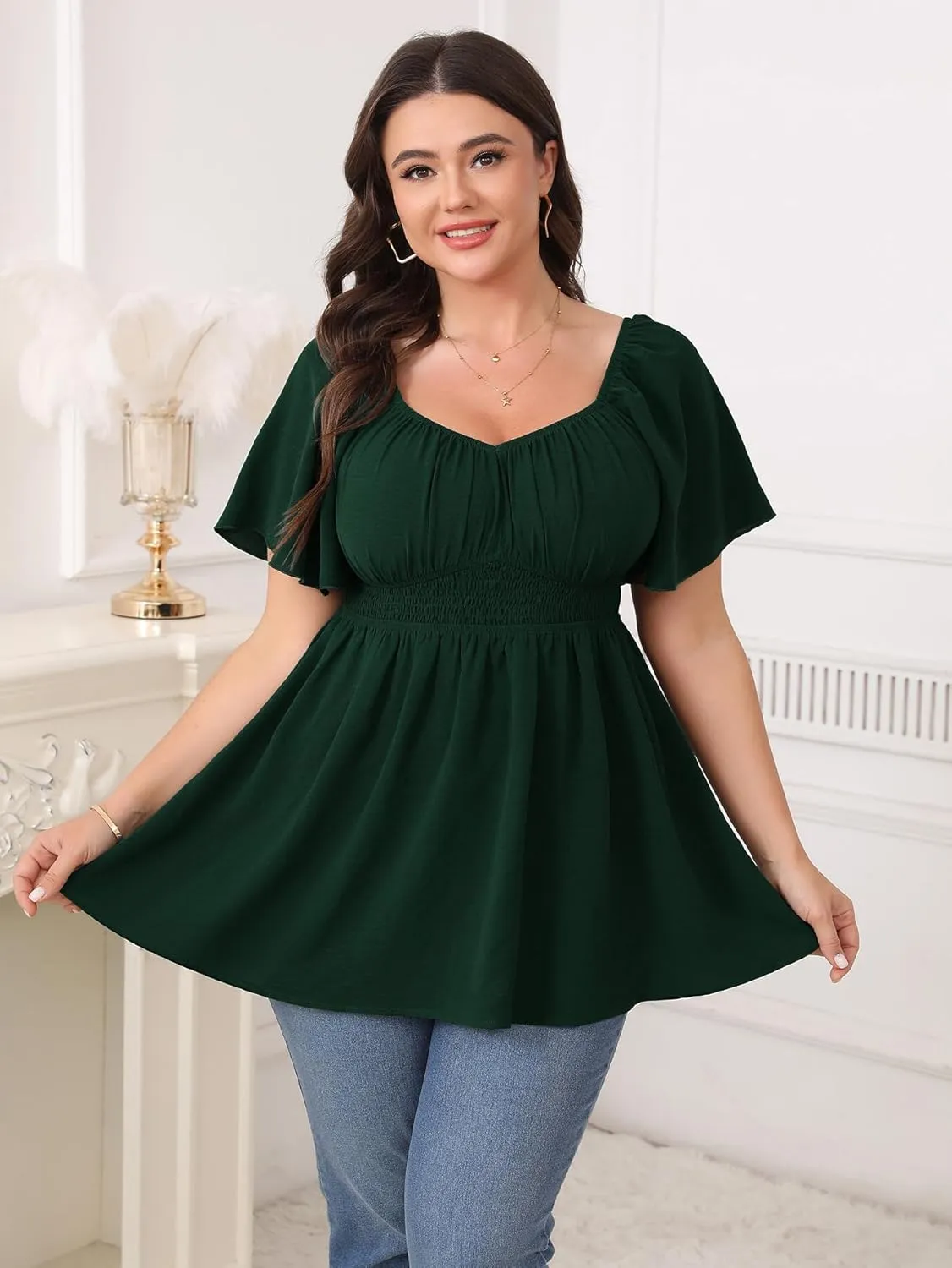 Womens Plus Size Blouse Summer Tops Sweetheart Neck Short Sleeve Ruffle Peplum Smocked Dressy Casual Top