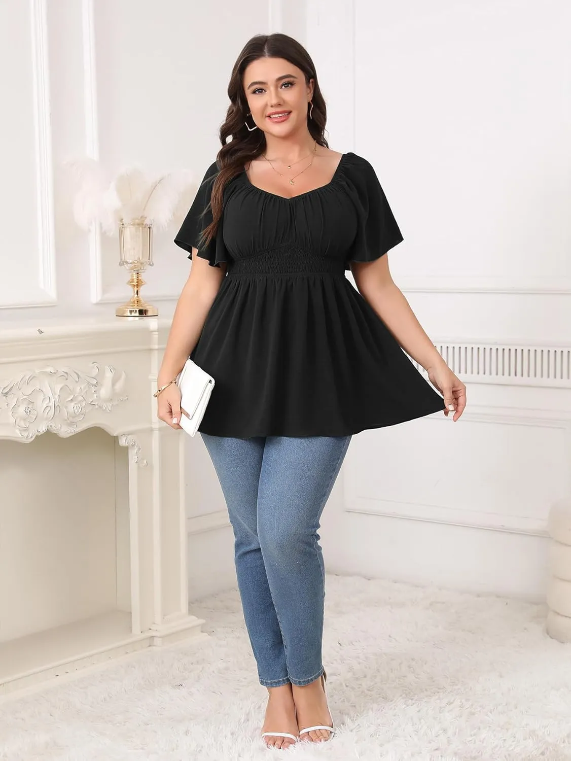 Womens Plus Size Blouse Summer Tops Sweetheart Neck Short Sleeve Ruffle Peplum Smocked Dressy Casual Top