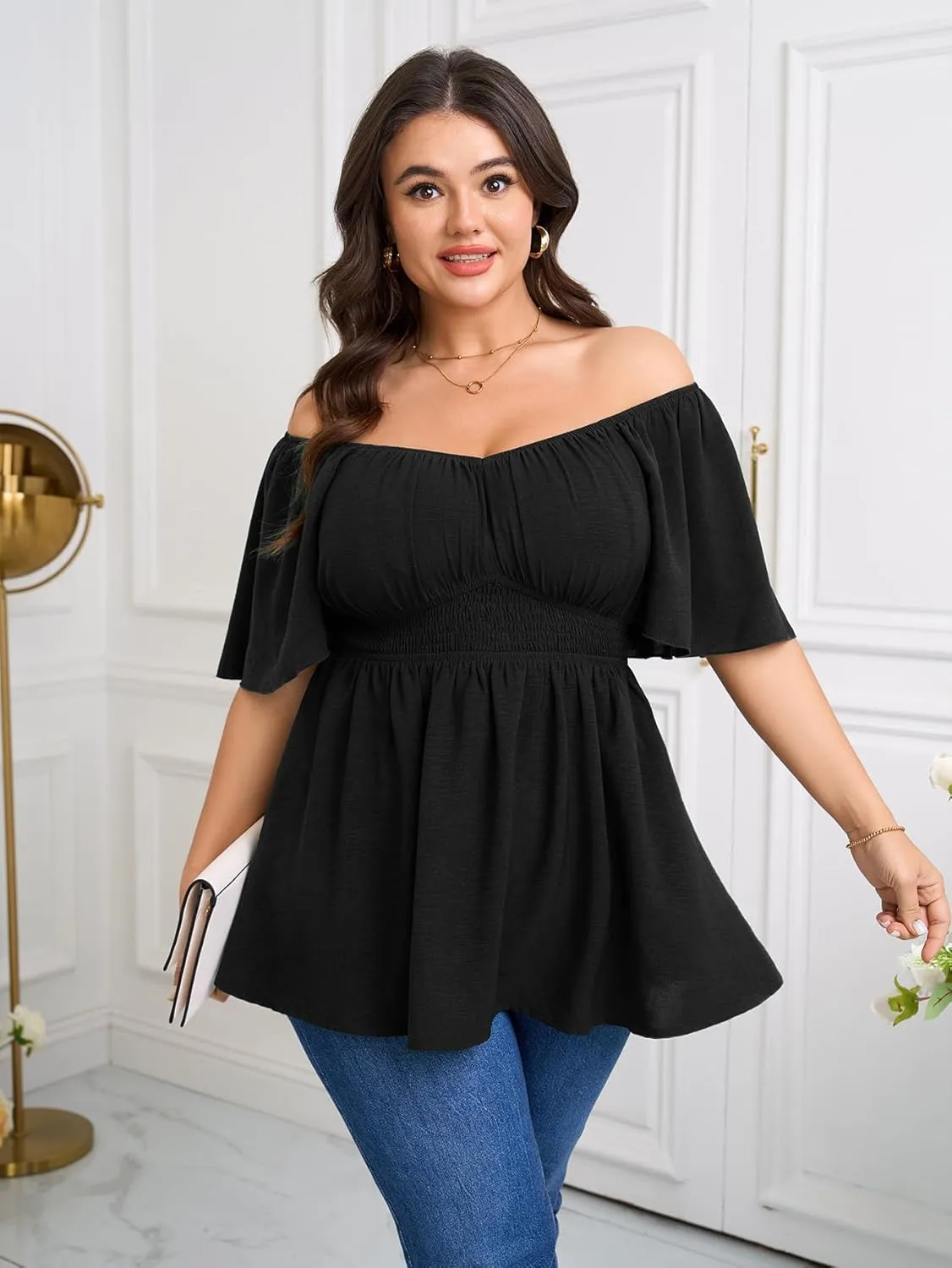 Womens Plus Size Blouse Summer Tops Sweetheart Neck Short Sleeve Ruffle Peplum Smocked Dressy Casual Top