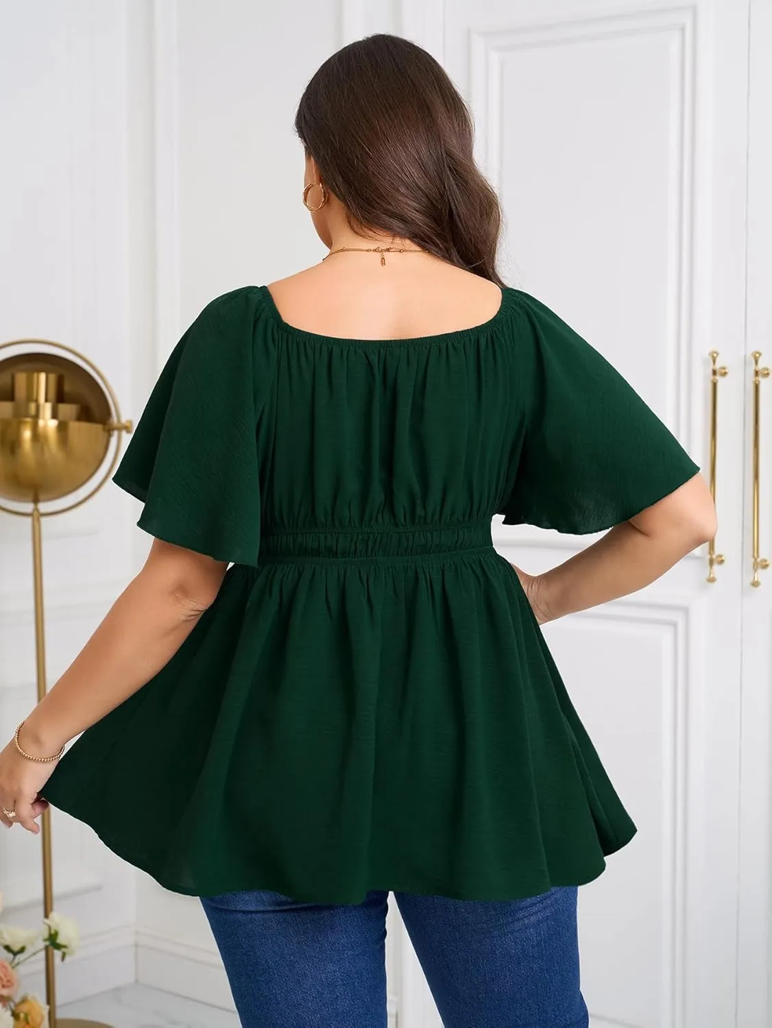 Womens Plus Size Blouse Summer Tops Sweetheart Neck Short Sleeve Ruffle Peplum Smocked Dressy Casual Top