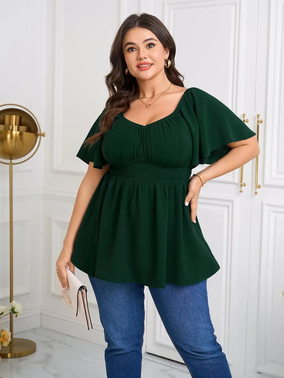 Womens Plus Size Blouse Summer Tops Sweetheart Neck Short Sleeve Ruffle Peplum Smocked Dressy Casual Top