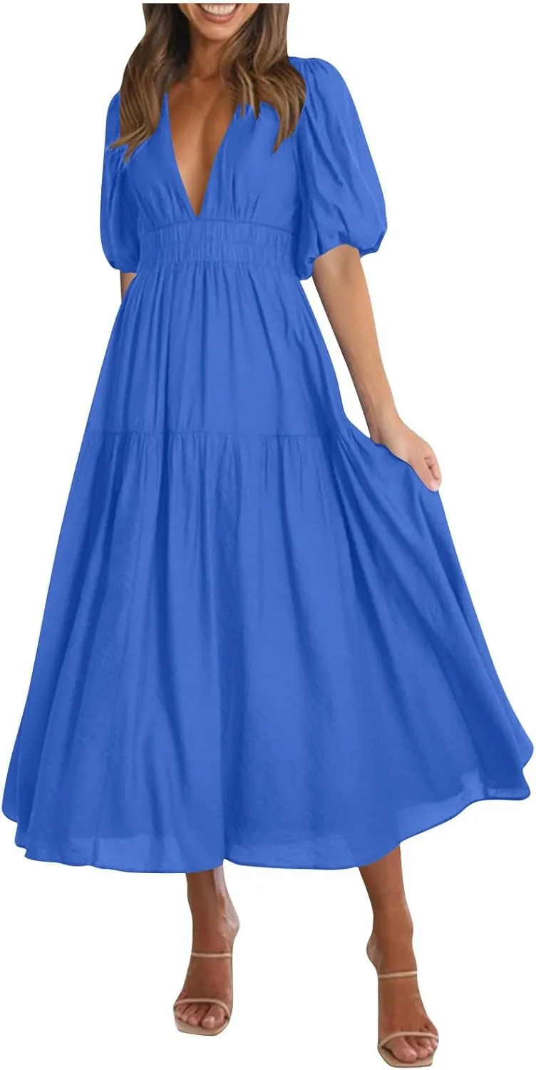 Womens Puff Sleeve Maxi Dress Summer Deep V Neck Casual Flowy Midi Dress Sexy Elastic High Waist A Line Midi Dresses