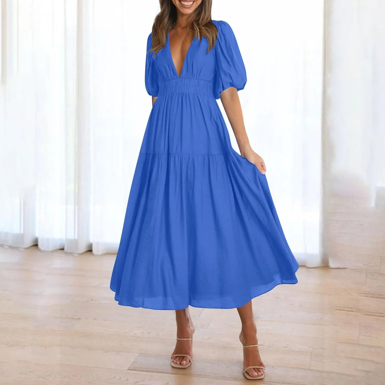 Womens Puff Sleeve Maxi Dress Summer Deep V Neck Casual Flowy Midi Dress Sexy Elastic High Waist A Line Midi Dresses