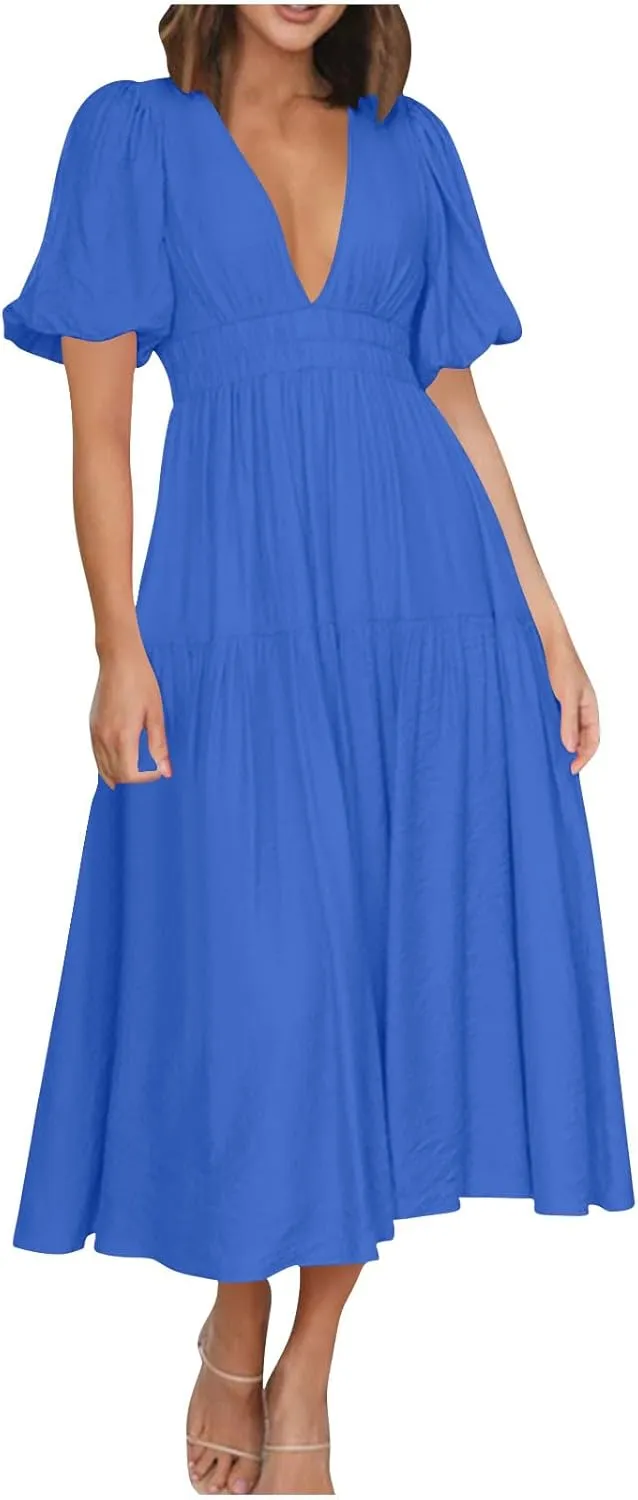 Womens Puff Sleeve Maxi Dress Summer Deep V Neck Casual Flowy Midi Dress Sexy Elastic High Waist A Line Midi Dresses