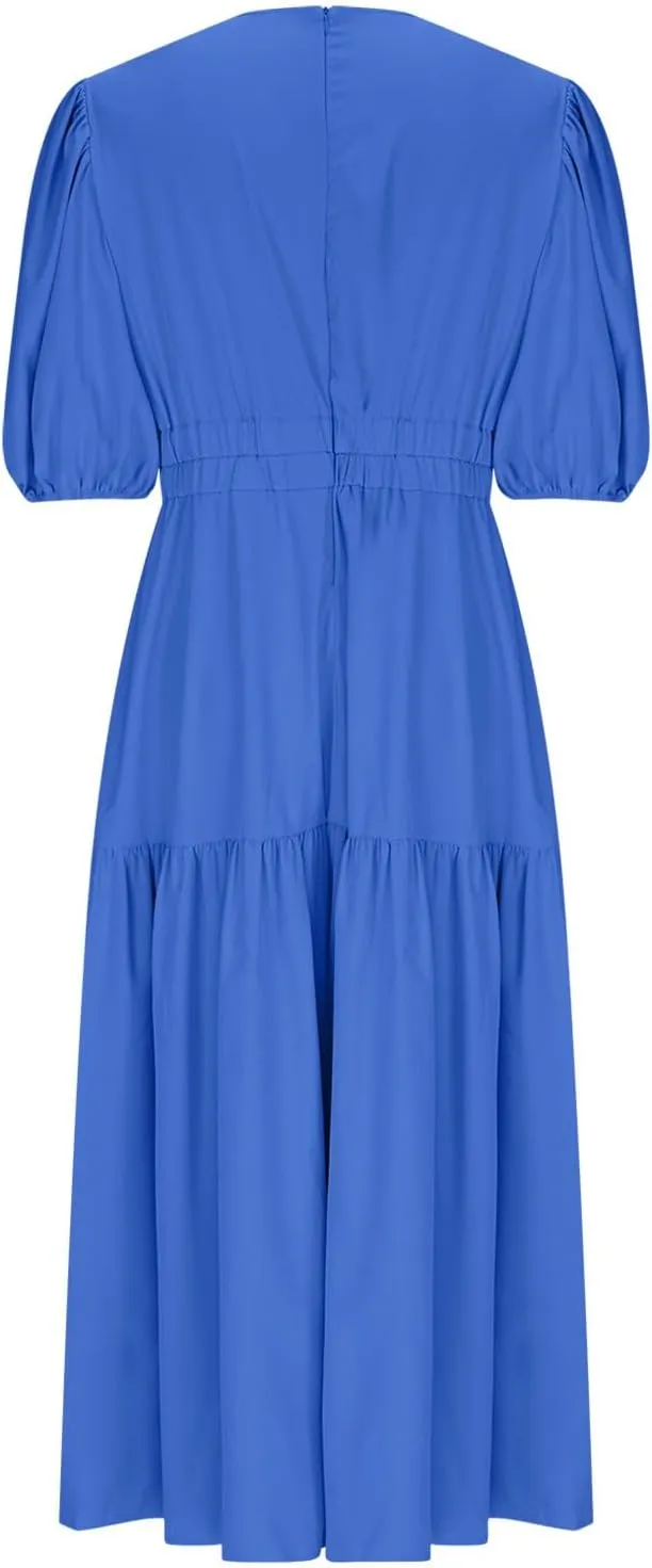 Womens Puff Sleeve Maxi Dress Summer Deep V Neck Casual Flowy Midi Dress Sexy Elastic High Waist A Line Midi Dresses