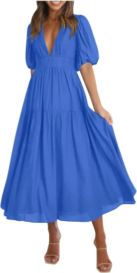 Womens Puff Sleeve Maxi Dress Summer Deep V Neck Casual Flowy Midi Dress Sexy Elastic High Waist A Line Midi Dresses