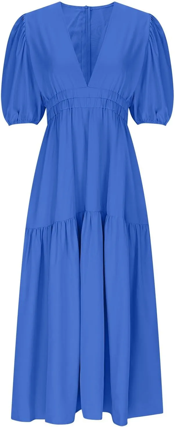 Womens Puff Sleeve Maxi Dress Summer Deep V Neck Casual Flowy Midi Dress Sexy Elastic High Waist A Line Midi Dresses