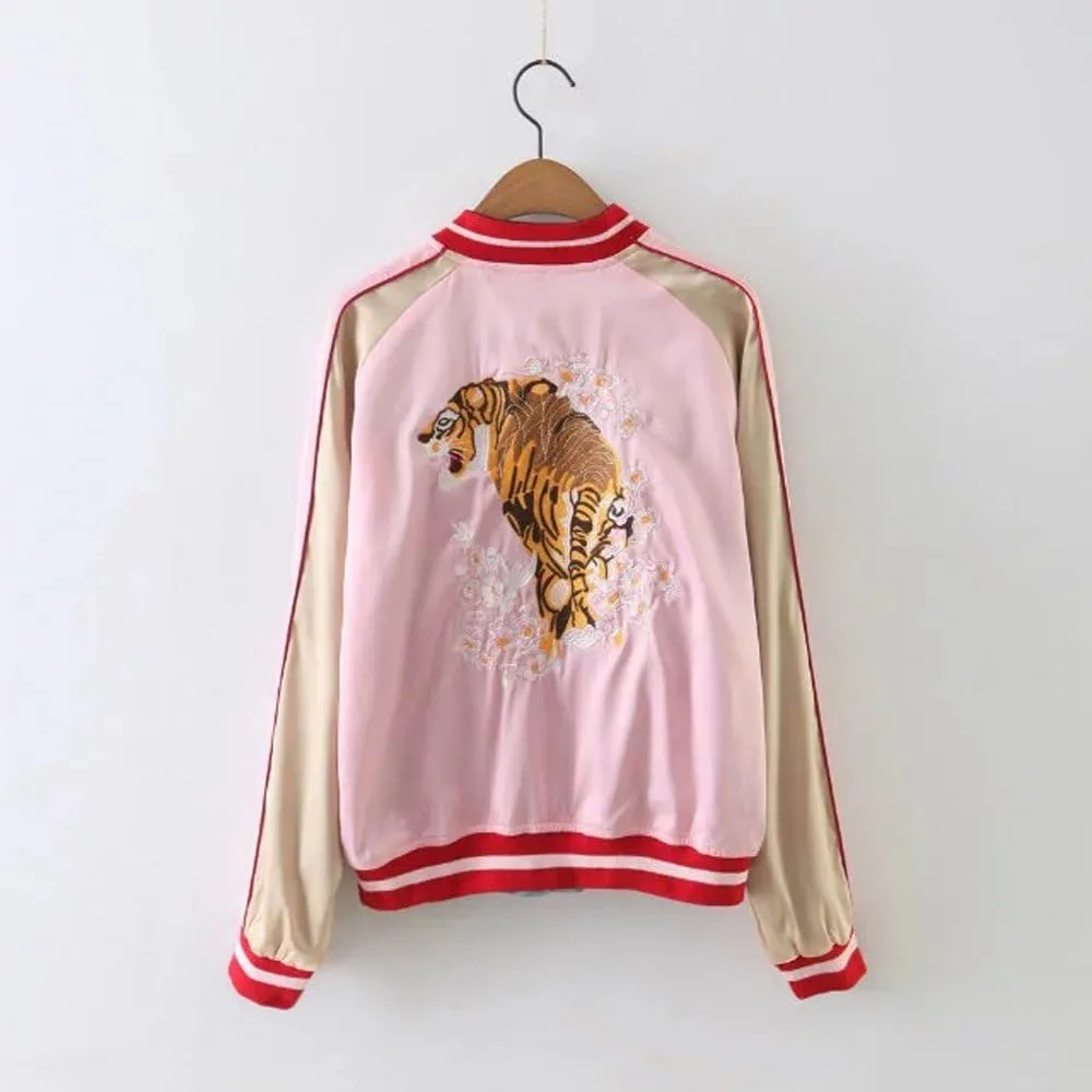 Women's Reversible Crane Tiger Fujiyama Embroidery Bomber Jacket Japanese Style Pink Blue