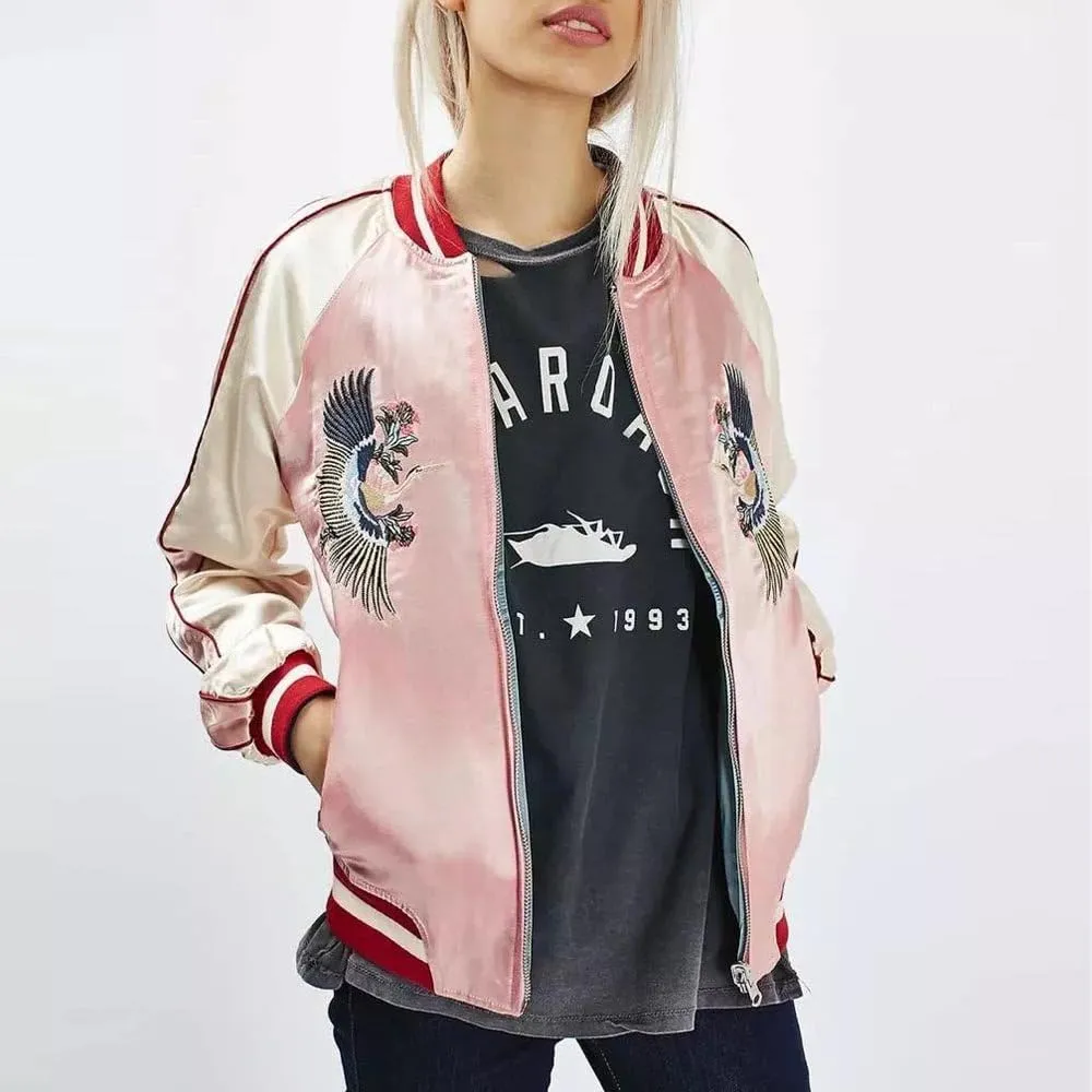 Women's Reversible Crane Tiger Fujiyama Embroidery Bomber Jacket Japanese Style Pink Blue