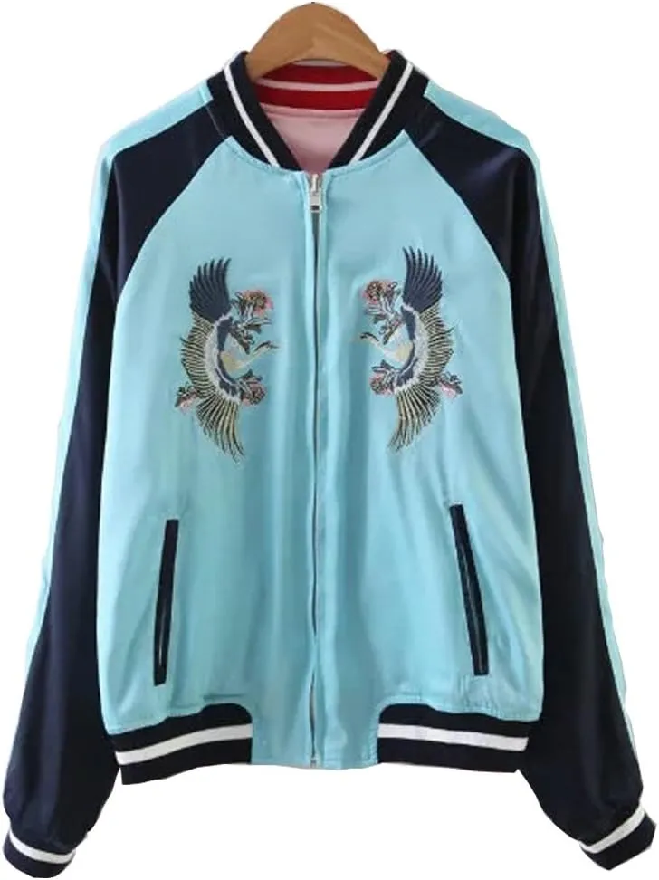 Women's Reversible Crane Tiger Fujiyama Embroidery Bomber Jacket Japanese Style Pink Blue