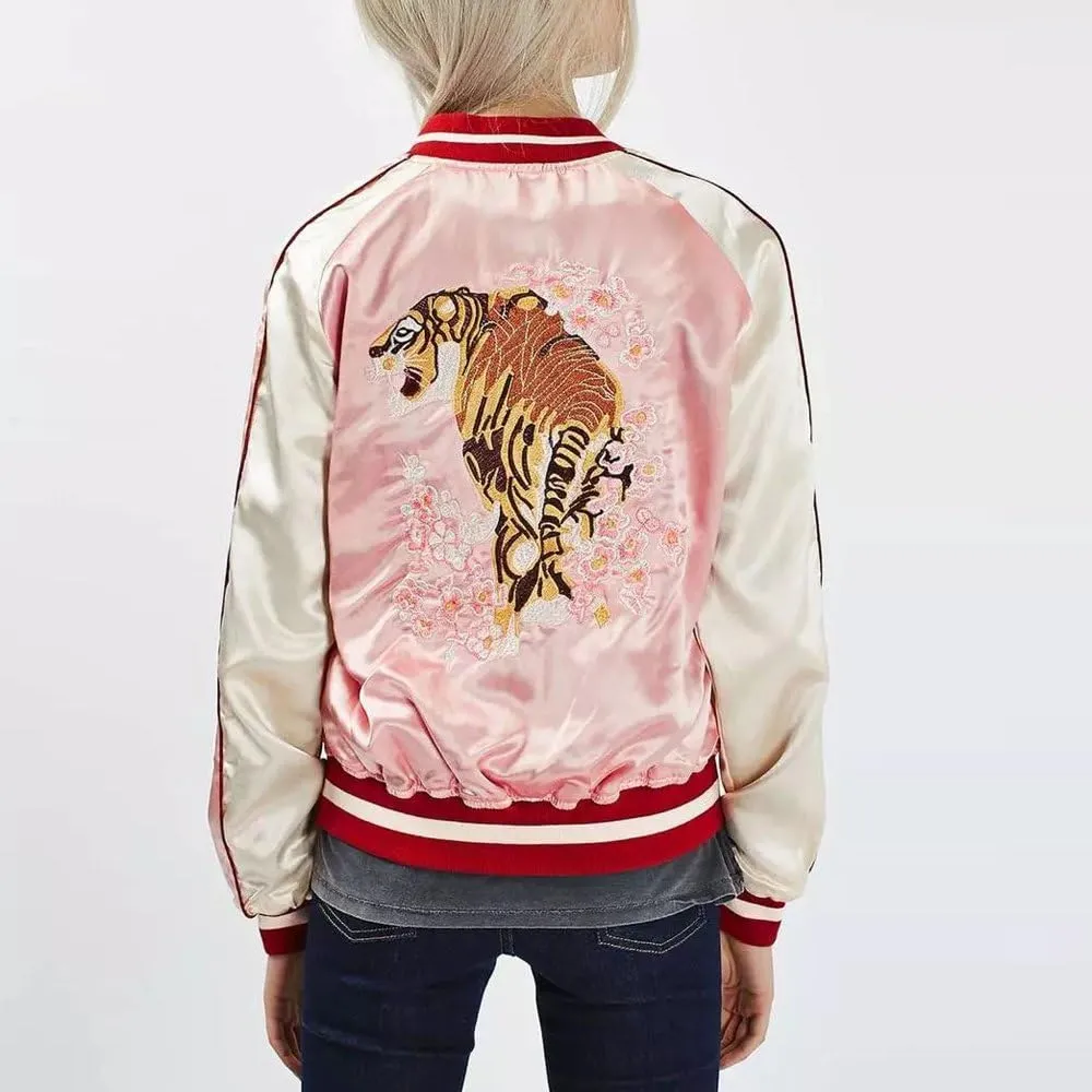 Women's Reversible Crane Tiger Fujiyama Embroidery Bomber Jacket Japanese Style Pink Blue