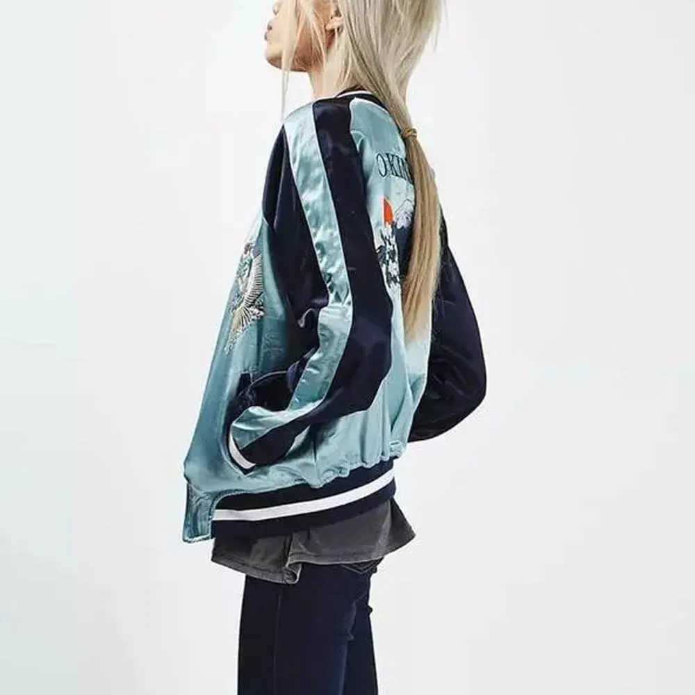 Women's Reversible Crane Tiger Fujiyama Embroidery Bomber Jacket Japanese Style Pink Blue