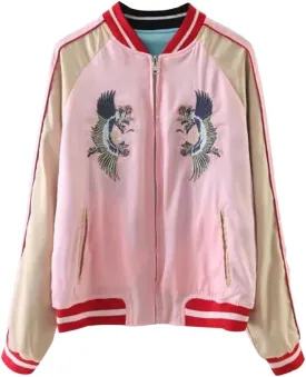 Women's Reversible Crane Tiger Fujiyama Embroidery Bomber Jacket Japanese Style Pink Blue