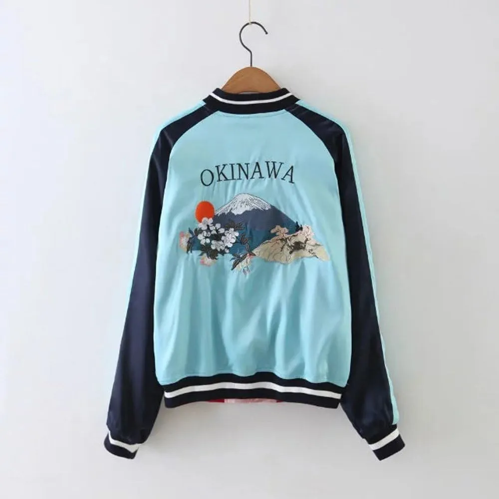 Women's Reversible Crane Tiger Fujiyama Embroidery Bomber Jacket Japanese Style Pink Blue