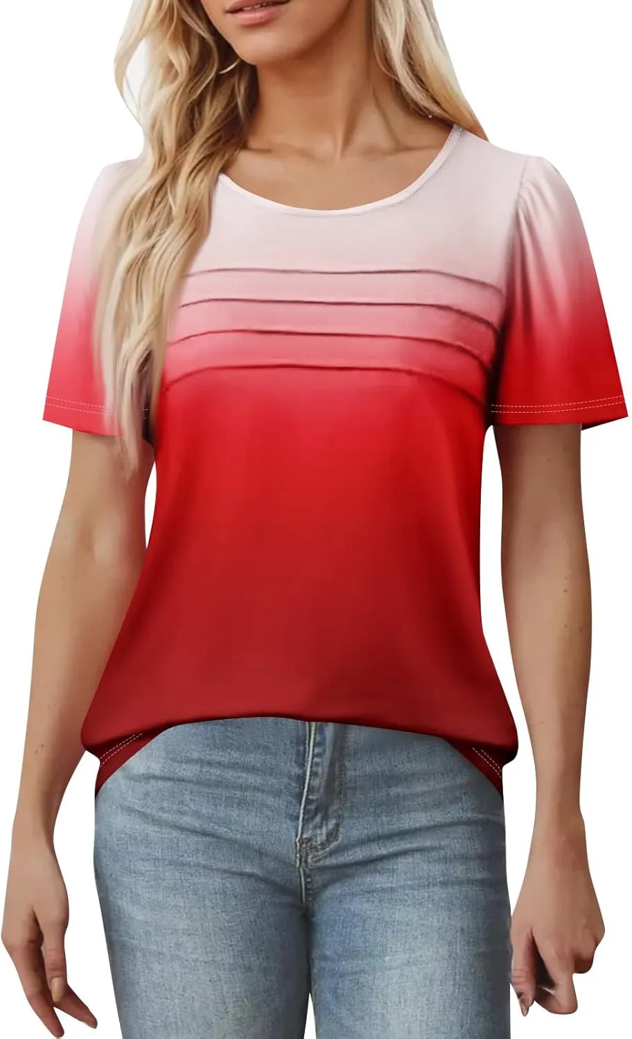 Womens Short Sleeve Tops Dressy Casual Blouses Spring Summer Outfits Flowy Pleated Front Crewneck Tee Shirts