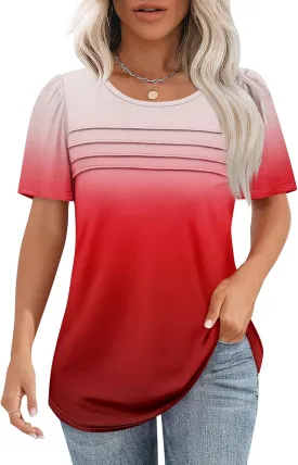 Womens Short Sleeve Tops Dressy Casual Blouses Spring Summer Outfits Flowy Pleated Front Crewneck Tee Shirts