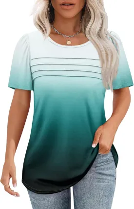 Womens Short Sleeve Tops Dressy Casual Blouses Spring Summer Outfits Flowy Pleated Front Crewneck Tee Shirts